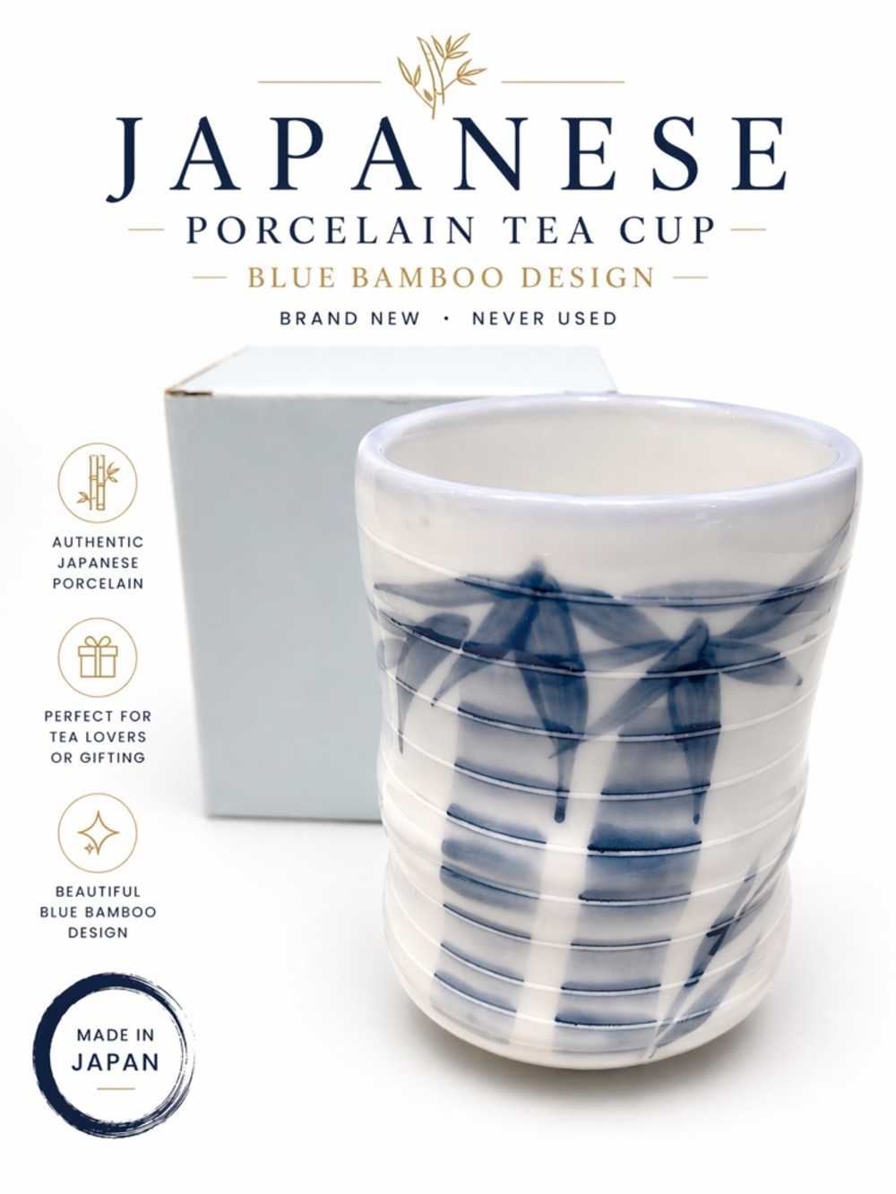 Japanese Porcelain Tea Cup | Blue Bamboo Design | Handmade Style | New in Box